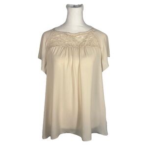 Anthropologie Maeve Lace Trace Tee Blouse Women's 10 Ivory Flutter Sleeve Top